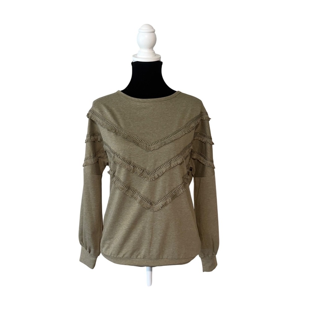 ANDTHEWHY‎ Olive Green Fringe Chevron Sweatshirt Festival Boho Pullover Top Sm